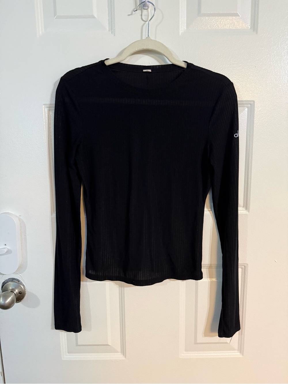 Alo Yoga Womens Black Ribbed Sheer Long Sleeve Top Reflective Logo Athletic